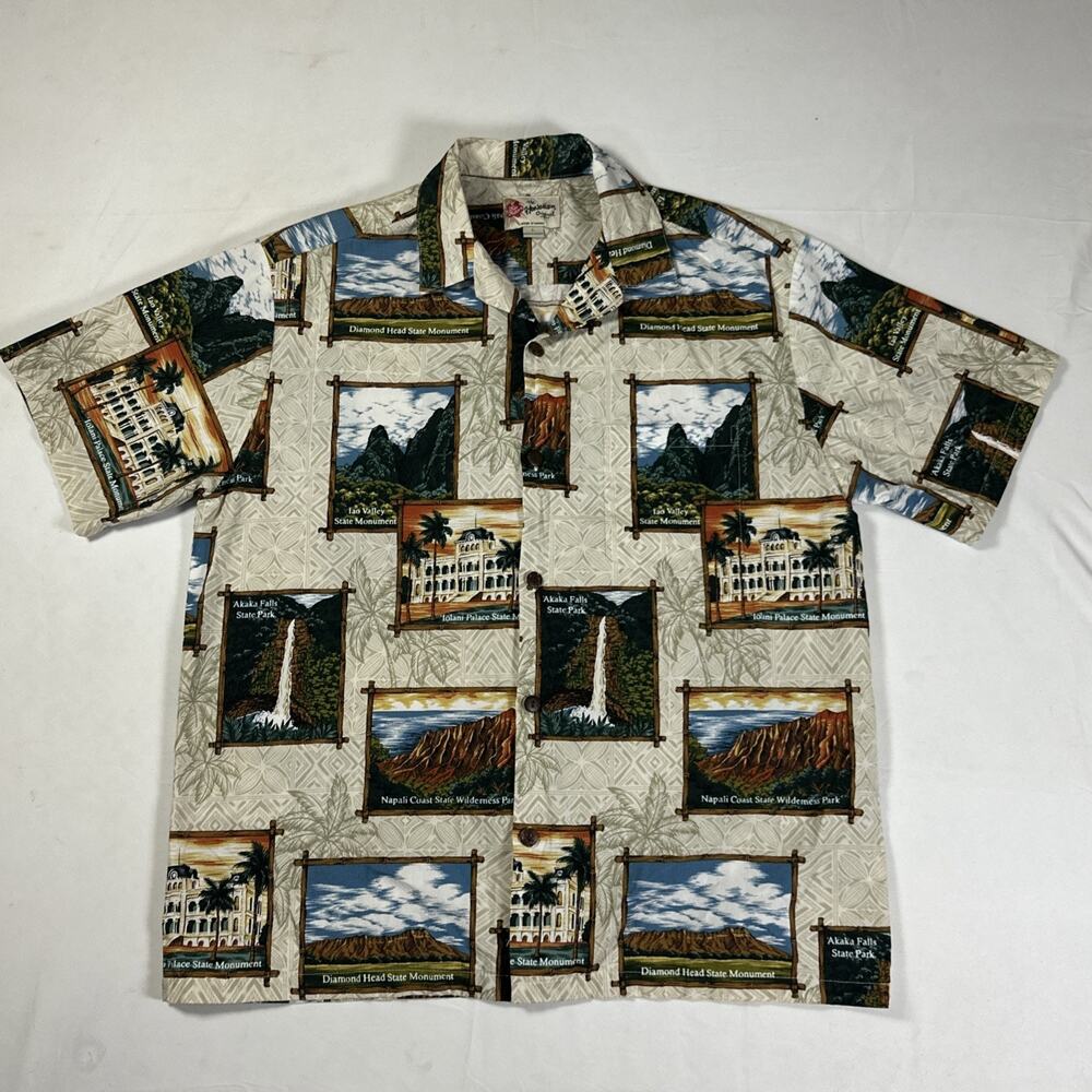 Hilo Hattie Hawaiian Shirt State Parks Monument Hawaii Scenic Mens Cotton Large